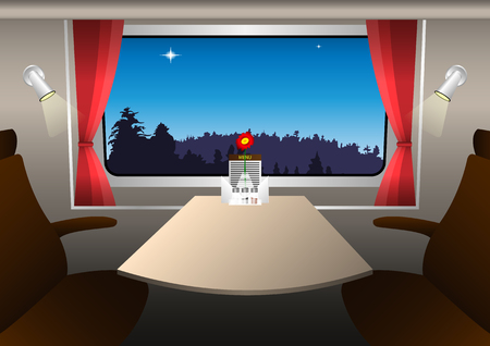 a compartment in a railway carriage, evening landscape outside the window. Vector Illustrationのイラスト素材