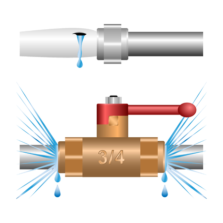 water leakage at the joints of water pipes. A leak between the tap and pipe joints, the plastic pipe burst. Vector Illustrationのイラスト素材