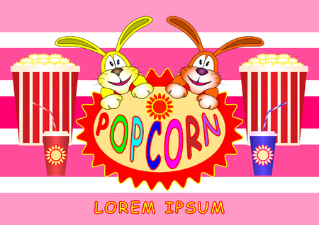 Popcorn banner, poster. Classic popcorn advertising banner. a bucket of popcorn, cups and tubes, cartoon rabbits. Bright label for products. Vector Illustrationのイラスト素材
