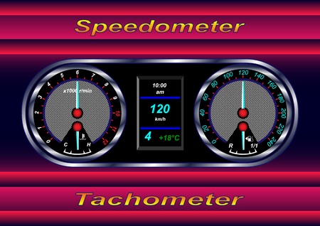 realistic car dashboard, speedometer and tachometer, digital display. Vector Illustrationのイラスト素材