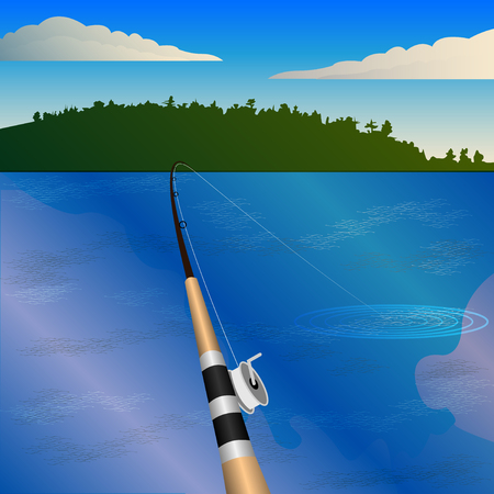 fishing rod with a reel, bite. Fishing, first-person view, pond, forest on the horizon.  Vector Illustrationのイラスト素材
