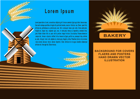 Bakery poster, banner. Linear graphic. Bread and wheat spikelet. windmill. Vector illustration.のイラスト素材