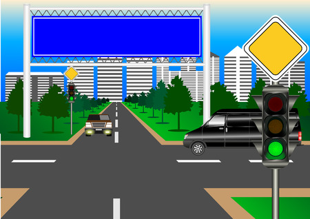 main road, city intersection, a large blue banner on a city street traffic regulated by traffic lights. Vector, Illustrationのイラスト素材