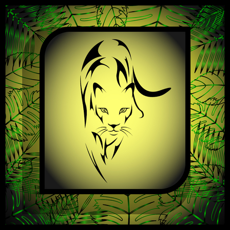 wild predatory cat in the form of a tattoo in a frame, green abstract plants in the background. Vector, Illustrationのイラスト素材