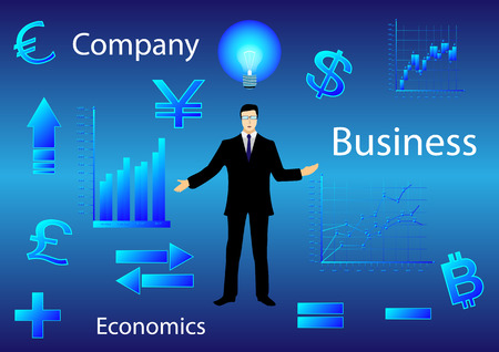 businessman black suit and glasses among charts and financial symbols, charts, currency signs, in blue. Vector Illustrationのイラスト素材