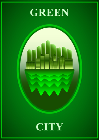 Green city, poster green modern city, skyscrapers inside the oval. Vector, Illustrationのイラスト素材