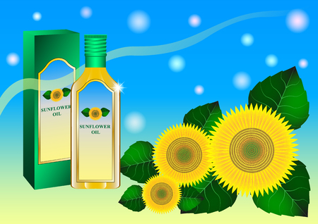 Sunflower Oil. Sunflowers and glass bottle of oil, beautiful realistic picture for advertising. Vector Illustrationのイラスト素材