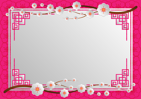 branches of white flowers, oriental frame on pink background for  greeting card, banner, wallpaper or poster, paper cut out style. Vector illustrationのイラスト素材