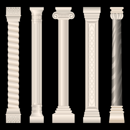 set of stone columns in different styles isolated on dark background. Columns in antique style, Baroque, stucco, marble, realistic vector illustrationのイラスト素材