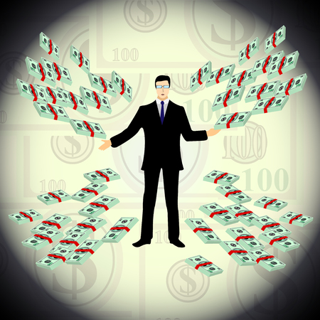 a man offers money, many dollars, bundles of banknotes. Vector illustrationのイラスト素材