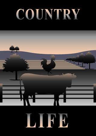 Cover Country Life. silhouettes of a cow and a rooster on the background of trees and fields. Vector Illustrationのイラスト素材