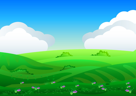 Beautiful fields landscape with a dawn, green hills, bright color blue sky, purple flowers in the foreground, background in flat cartoon style. Vector illustrationのイラスト素材