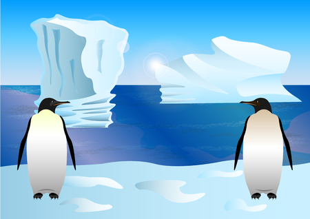 Penguins on the background of ice, icebergs, drawn in cartoon style. Vector Illustrationのイラスト素材