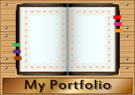 My Portfolio, leather folder, with metal edging, on the background of wooden boards. White pages for text and photos. Vector illustrationのイラスト素材