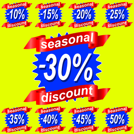 Seasjnal discount, Sale tags set vector badges template, 10 off, 15 , 20, 25, 30, 40, 50 percent sale label symbols. Vector Illustrationのイラスト素材