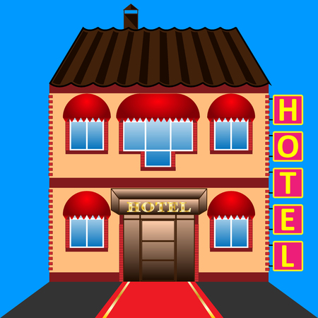 Hotel service bright poster with brick building with sign Hotel above entrance. Resort building on blue background. Vector Illustrationのイラスト素材
