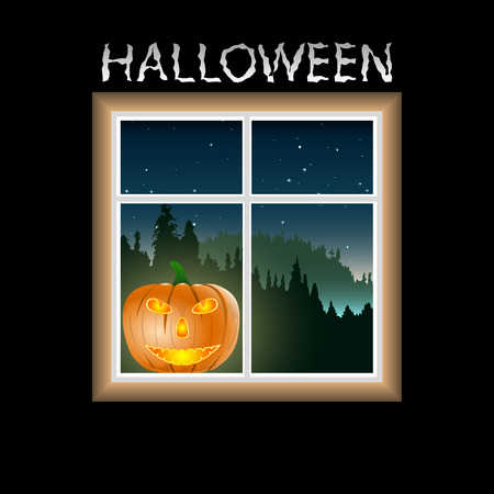 Halloween, pumpkin outside the window against the dark forest and starry night sky. Vector Illustrationのイラスト素材