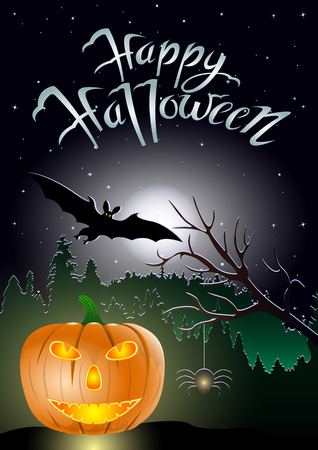 Happy Halloween, pumpkin,bat and spider against  the dark forest and starry night sky. Vector Illustrationのイラスト素材