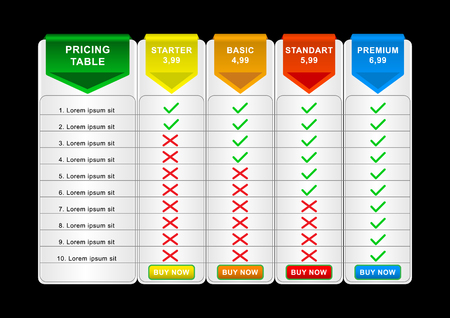 Comparison pricing list. Comparing price or product plan chart compare products business image grid. Services cost table unlimited menu planning infographics template. Vector Illustrationのイラスト素材