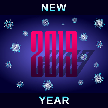 Text New Year 2019. Against a dark background, falling snowflakes. Vector Illustrationのイラスト素材