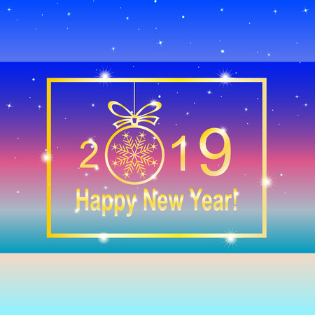 Happy New Year. Gold text with glitter and light effects on starry sky background at sunset. Vector Illustrationのイラスト素材