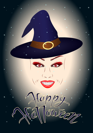 the head of a smiling girl, witch, vampire in a wizard hat on the background of the starry sky, the inscription Happy Halloween. Vector Illustrationのイラスト素材