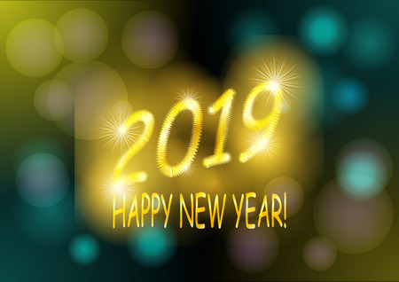 Golden lettering and frame with new 2019 on an abstract background. Vector Illustrationのイラスト素材