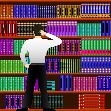 Young man chooses a book in the library. Vector Illustrationのイラスト素材