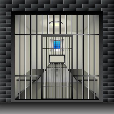 prison cell. Jail interior room interior with window grille and furniture. Vector Illustrationのイラスト素材