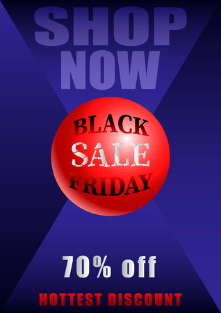 Black friday Sale. Hottes Discount, Shop now lettering. Red ball on blue background. Vector Illustrationのイラスト素材