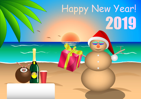 congratulations on Happy new year.  On a tropical beach, sand snowman with a gift on the beach at sunset. Vector Illustrationのイラスト素材