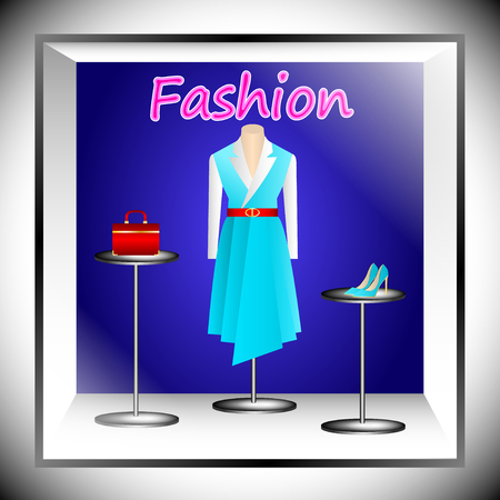 fashion shop window. Women fashion clothes and beauty accessories shop sale display windows street view realistic image. Vector Illustrationのイラスト素材