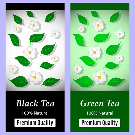 tea packages, labels or stickers. green leaves and white flowers scattered on a light background. Vector Illustrationのイラスト素材