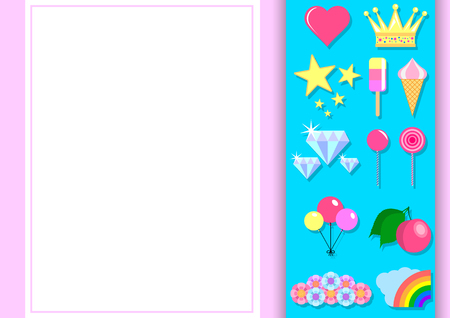 Set of items for girls. Typographic design for greeting, birthday, invitation card. Balloon, rainbow, sweets and other objects with light pink background. Vector Illustrationのイラスト素材
