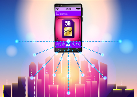 5G sim card, smartphone on the background of the city. Vector Illustrationのイラスト素材