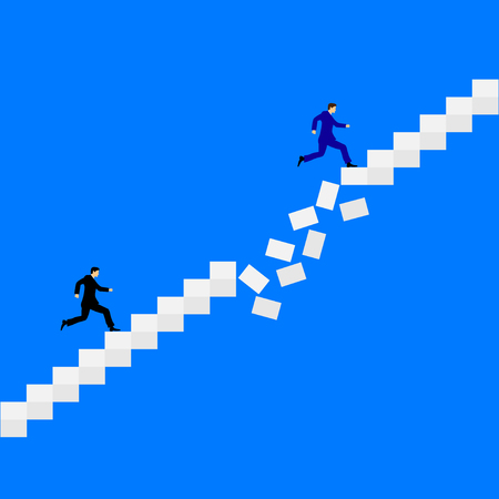 Two men running after each other on the crumbling stairs. Flat design vector Illustration.のイラスト素材