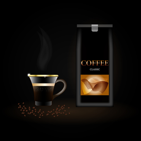 coffee packaging template, coffee Cup with steam on dark background, 3D vector illustrationのイラスト素材