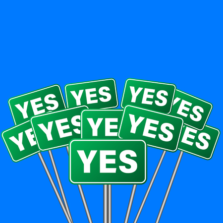 Yes Vote and voting to approve an important political or social policy or issue by protesting in a demonstration with signs and placards. Vector Illustrationのイラスト素材
