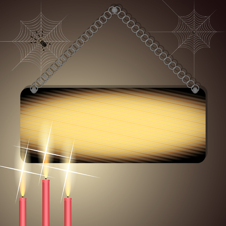 burnt wooden Bulletin Board hanging on a chain, lit by candles, in the middle of the web and spider. Vector Illustrationのイラスト素材
