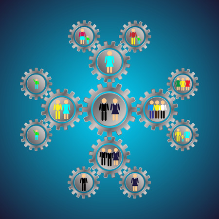 Infografics. metal gears with people (children, family, colleagues, friends), social relations. Vector Illustrationのイラスト素材