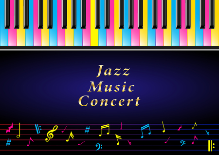 poster Music Concert. Realistic multi-colored piano keys and musical notes. Vector Illustrationのイラスト素材
