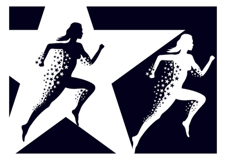 transparent silhouette of a running girl with a train of stars. Vector Illustrationのイラスト素材