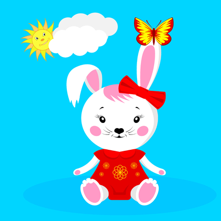 Cute Bunny girl. Cartoon plush toy white in a red dress and a bow, with a butterfly on the ear, against the background of Sunny weather. Vector Illustrationのイラスト素材