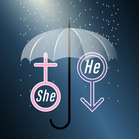 She and he. Symbols of a man and a woman covered with an umbrella in the rain on a dark background. Vector Illustrationのイラスト素材