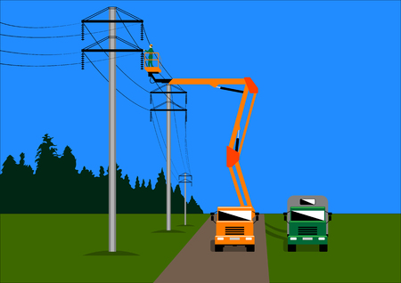 electrician on the aerial platform repairs the high voltage line. Vector Illustrationのイラスト素材