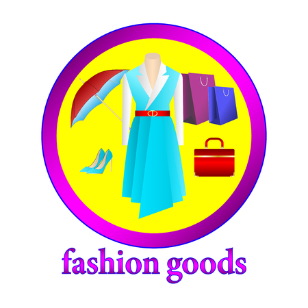 Sale fashion goods. Set of realistic bright female goods isolated in a round frame. Vector Illustrationのイラスト素材