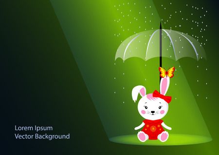 Cute Bunny girl. Cartoon plush toy white in a red dress and a bow, with a butterfly on the ear, against the background of rainy weather with sunlight. Vector Illustrationのイラスト素材
