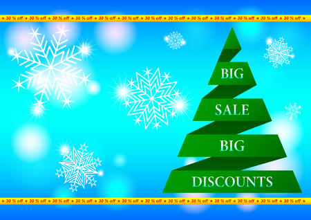New year Big Sale banner. Christmas tree of ribbon on the background of falling snowflakes and blue sky. Vector Illustrationのイラスト素材