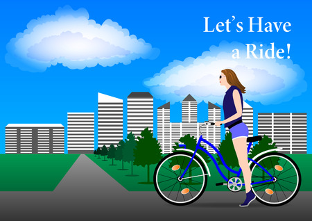 Girl on Bicycle on the background of the city. Vector Illustrationのイラスト素材