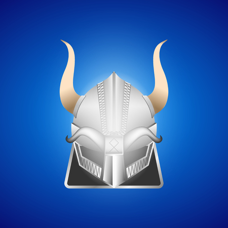 Realistic silver Viking helmet isolated on blue background. Vector Illustrationのイラスト素材